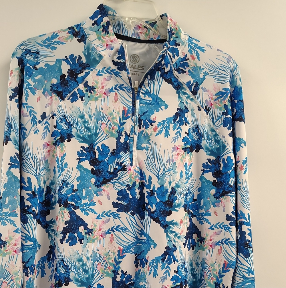 *NEW* SCALES Coral Tropics Women's Quarter Zip LS  Blue Top XL